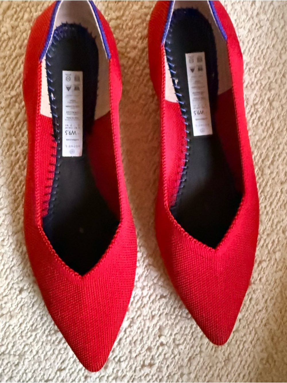 Rothy's Red Pointed Knit Flats with Blue Trim - Picture 7 of 10